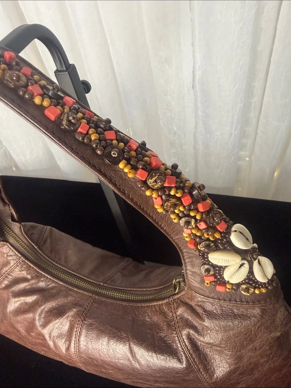 Tommy Bahama Brown Leather Shoulder Bag with Red & Orange Beaded Straps